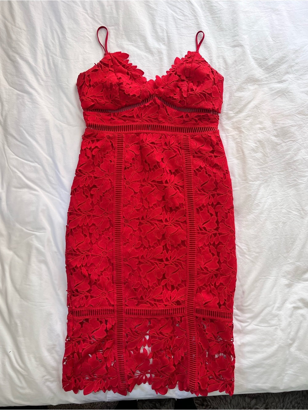 Bardot Scarlet Floral Lace Midi Dress with Spaghetti Straps